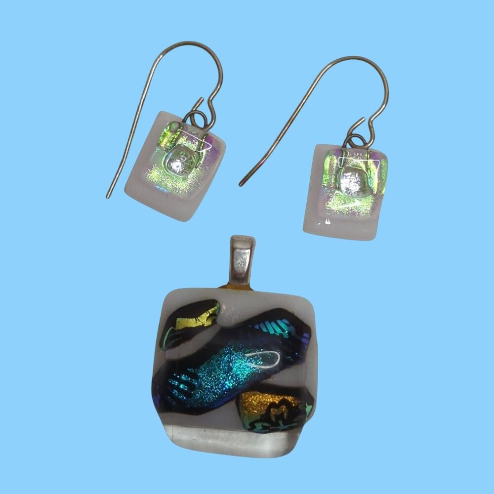 Handmade Fused Glass Pendant & Earrings Set With Multicolor Iridescent Design